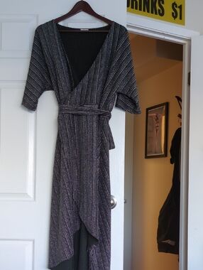 Spense Metallic Striped Wrap Dress - Black & Silver